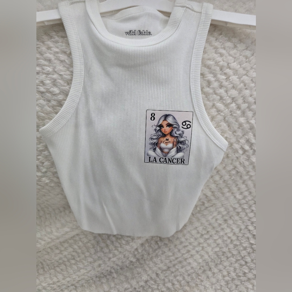 White Ribbed Tank with Tarot-Inspired 'La Cancer' Graphic